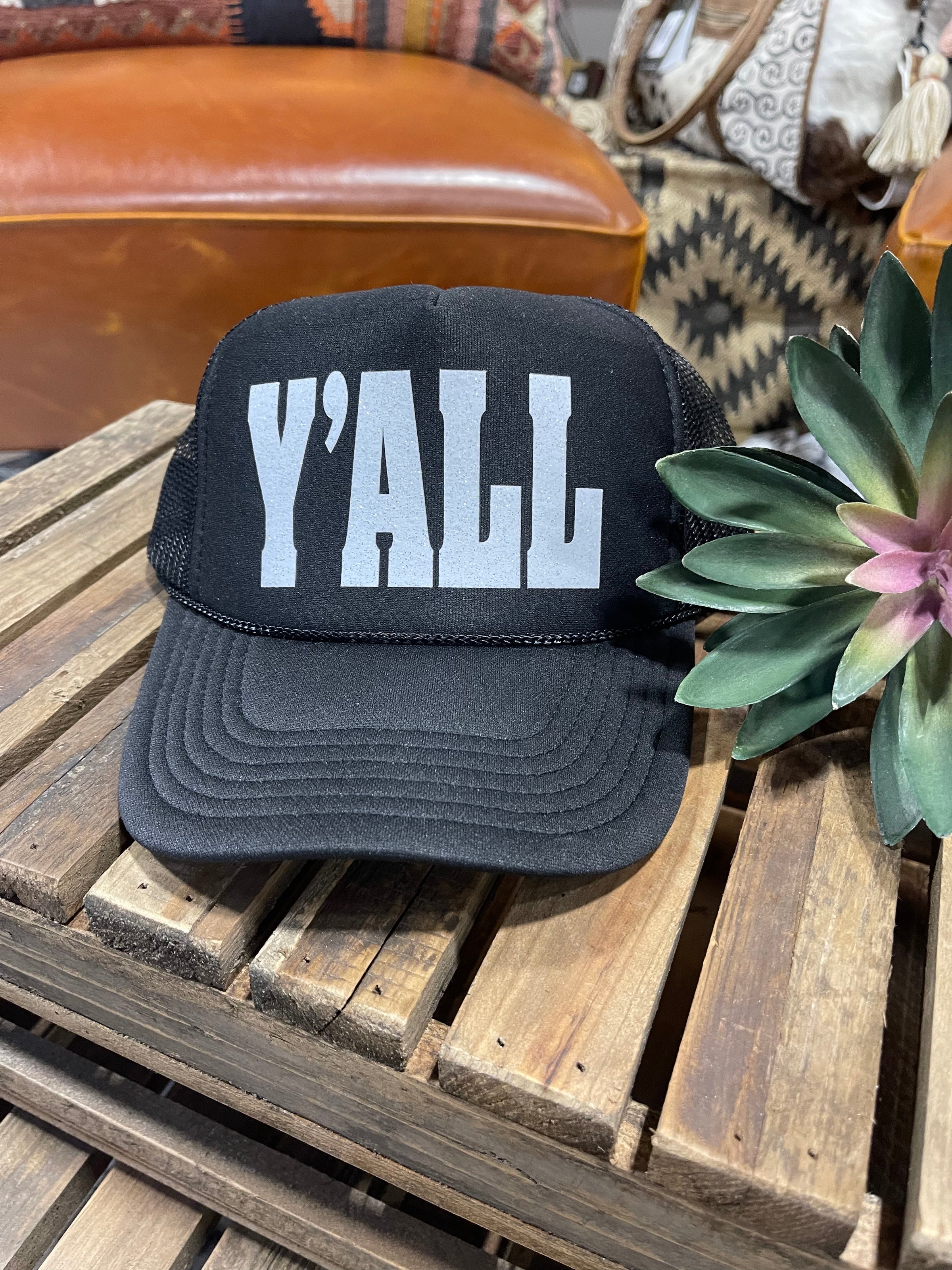 Y'all Black Trucker Cap with White Glitter