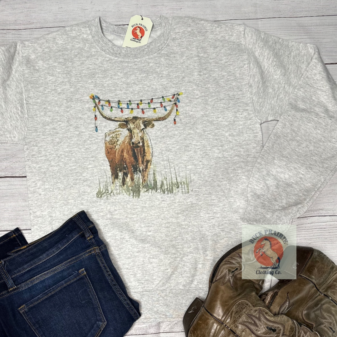 Longhorn with Christmas Lights on Ash Colored Crewneck