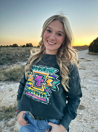 Callie Ann Stelter Neon Aztec Black Acid Wash Top