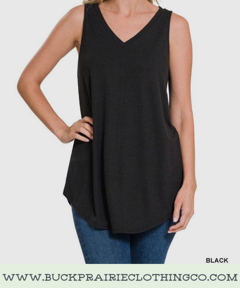 Loose Fit V Neck Tank - Black