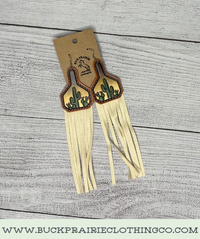 Leather Cactus Cow Tag with Tassel Dangle Earrings